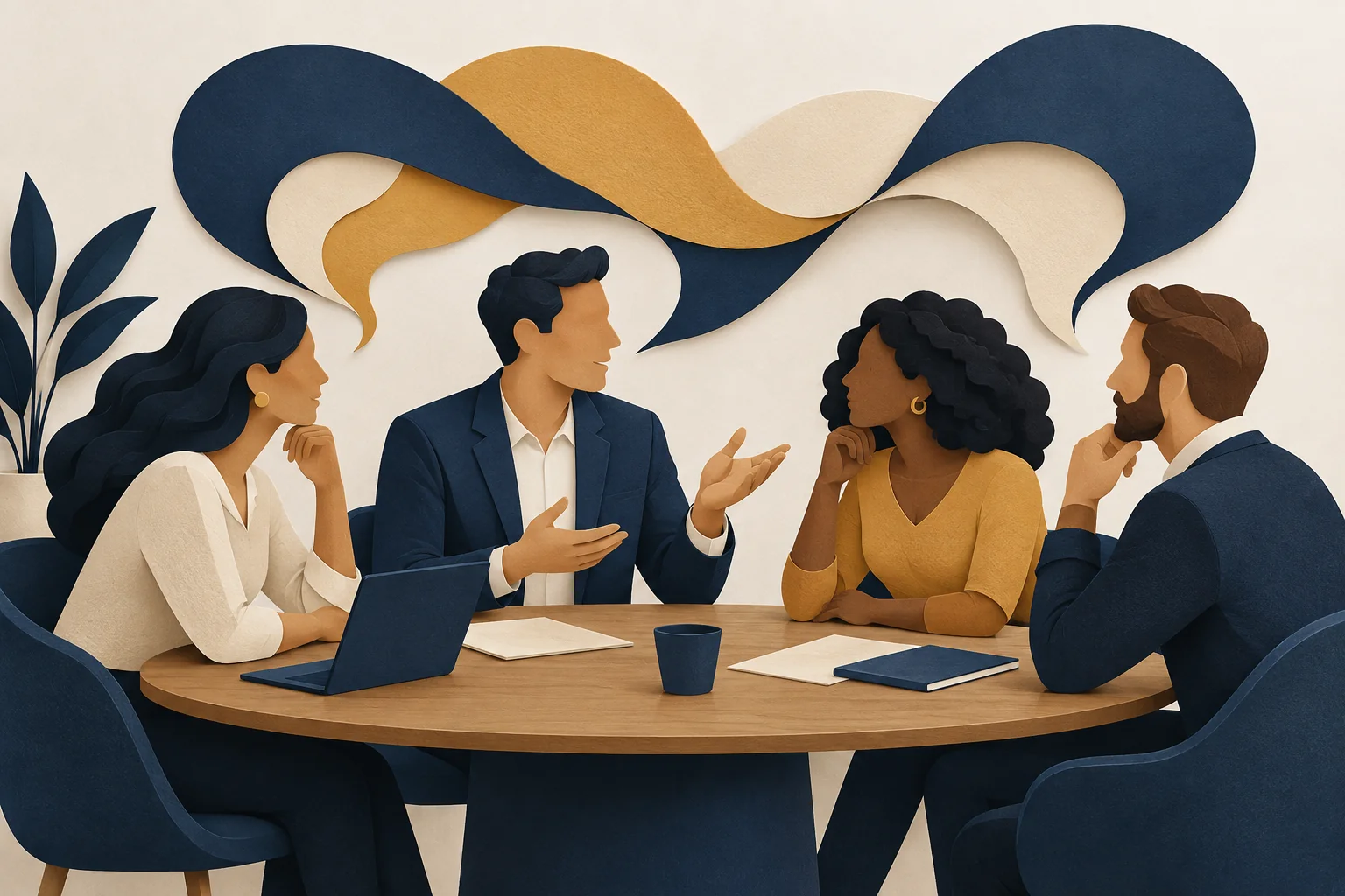 Ilustração de um líder e três colegas em conversa, com formas que representam comunicação e conexão.