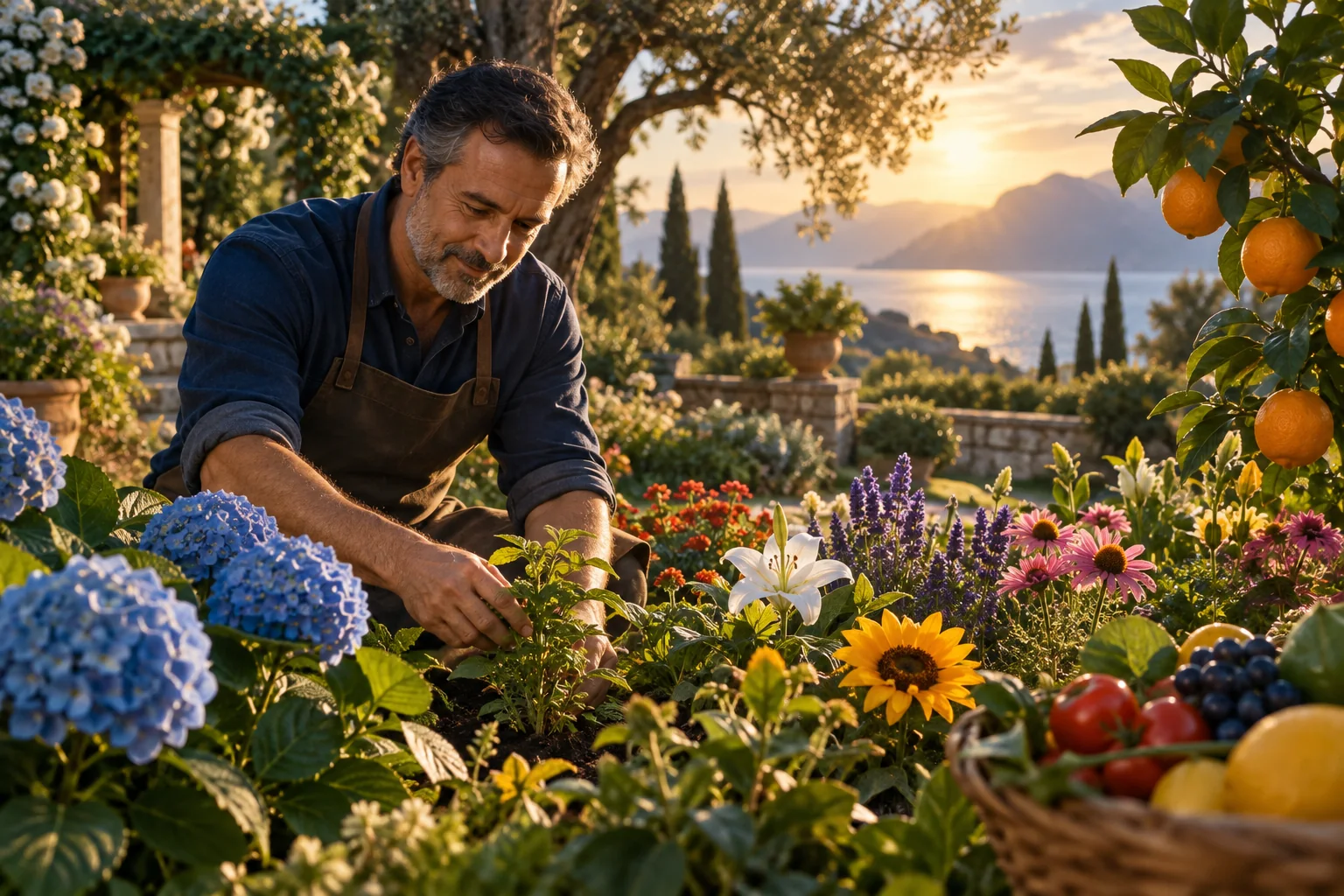 Líder cuidando de um jardim diverso e produtivo