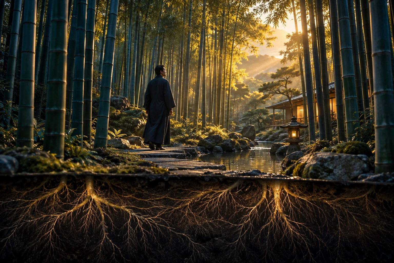 Líder contemplando um jardim de bambu e suas raízes profundas