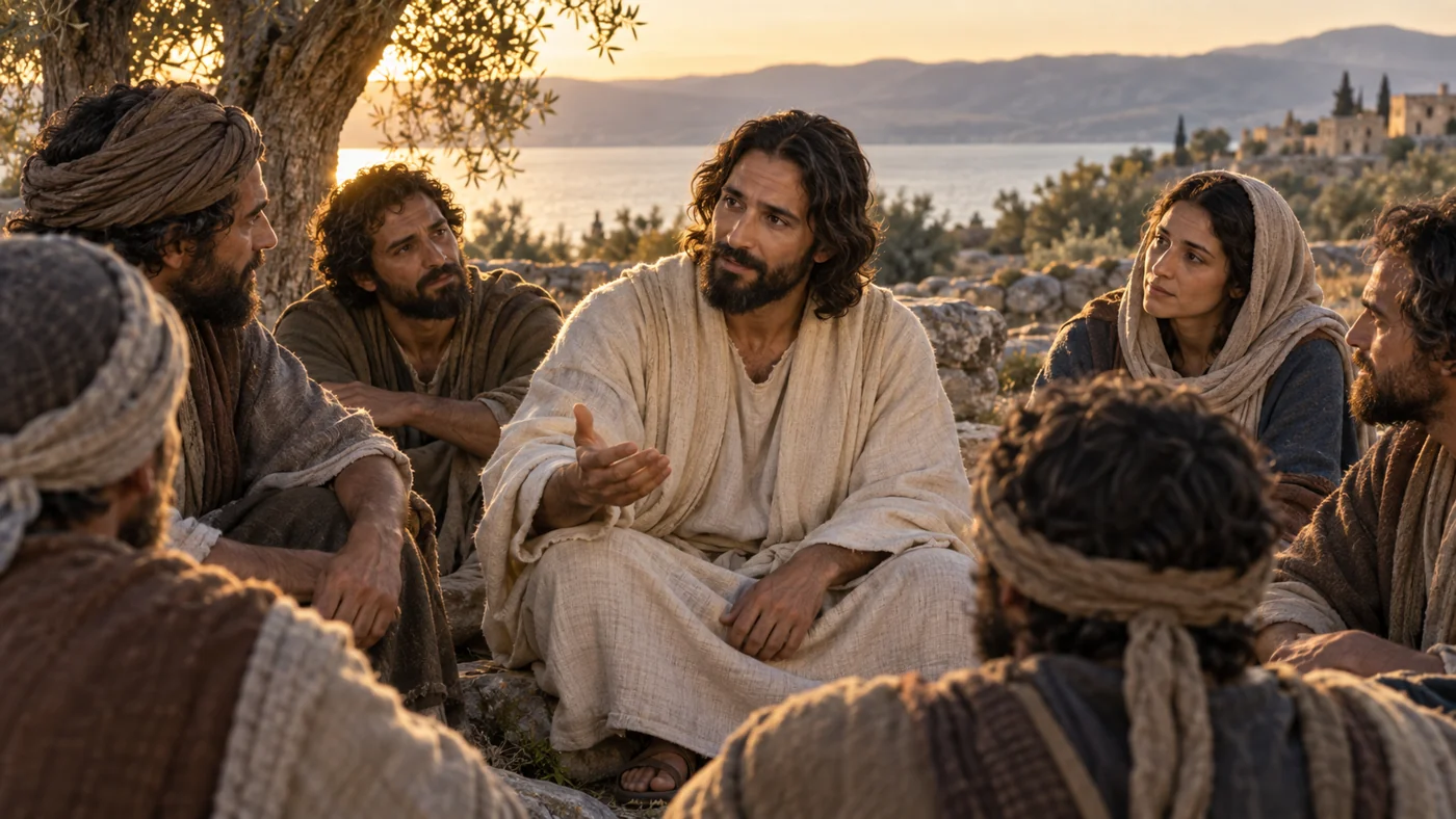 Representação artística de Jesus conversando com discípulos, em uma cena de escuta e aprendizado.