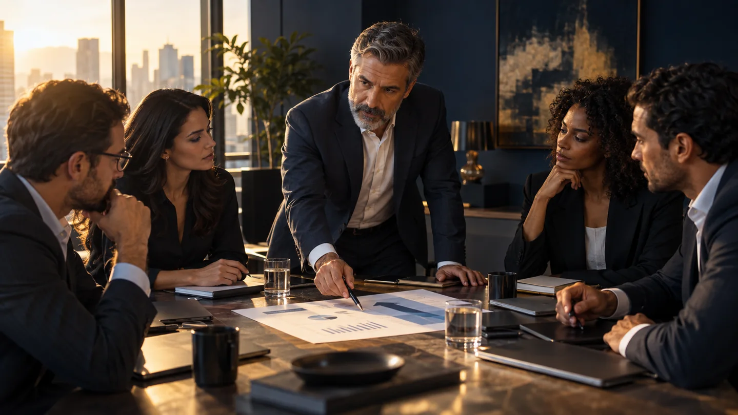 Líder e equipe analisam informações para tomar uma decisão estratégica