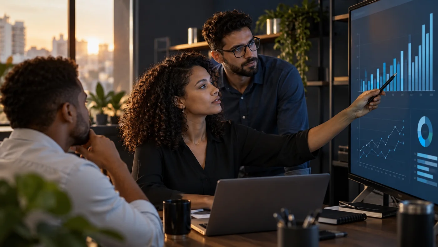 Equipe de People Analytics analisa indicadores em um painel para orientar decisões sobre gestão de pessoas.